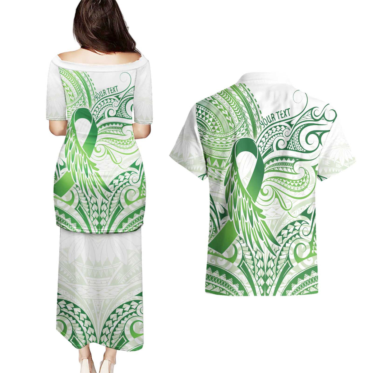 Its Okay Green Ribbon Personalised Couples Matching Puletasi and Hawaiian Shirt Polynesian Depression Awareness