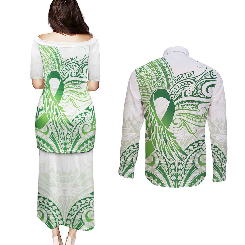 Its Okay Green Ribbon Personalised Couples Matching Puletasi and Long Sleeve Button Shirt Polynesian Depression Awareness