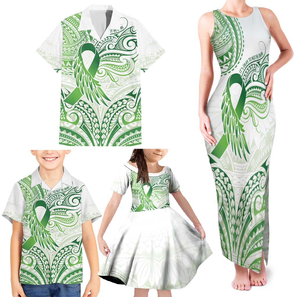 Its Okay Green Ribbon Personalised Family Matching Tank Maxi Dress and Hawaiian Shirt Polynesian Depression Awareness