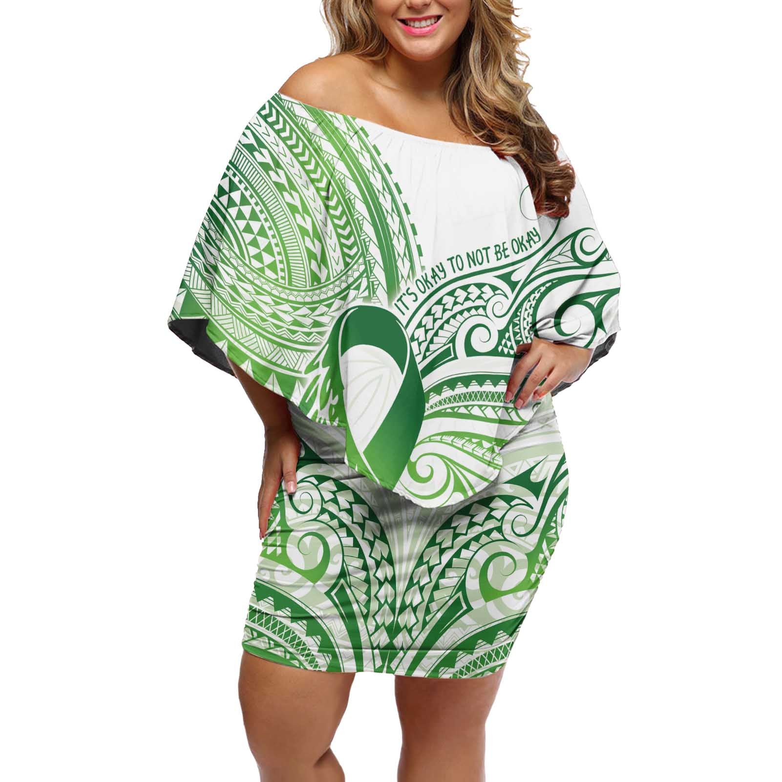 Its Okay Green Ribbon Personalised Off Shoulder Short Dress Polynesian Depression Awareness