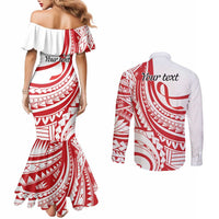 Know Your Status Red Ribbon Personalised Couples Matching Mermaid Dress and Long Sleeve Button Shirt Polynesian AIDS Awareness