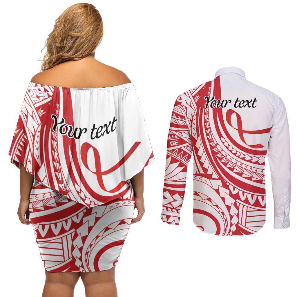 Know Your Status Red Ribbon Personalised Couples Matching Off Shoulder Short Dress and Long Sleeve Button Shirt Polynesian AIDS Awareness