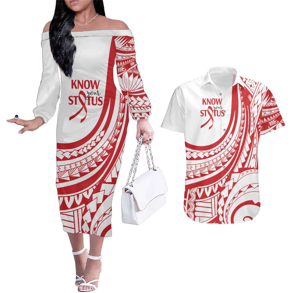 Know Your Status Red Ribbon Personalised Couples Matching Off The Shoulder Long Sleeve Dress and Hawaiian Shirt Polynesian AIDS Awareness