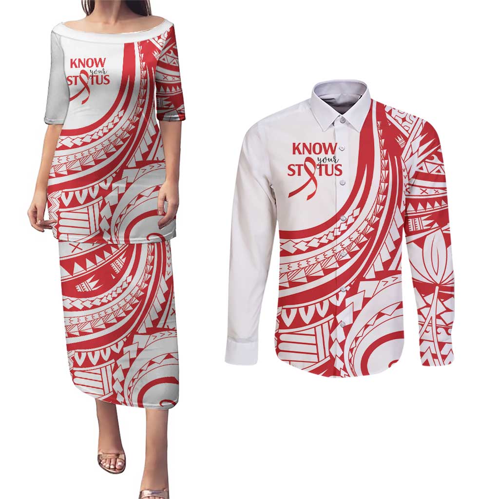 Know Your Status Red Ribbon Personalised Couples Matching Puletasi and Long Sleeve Button Shirt Polynesian AIDS Awareness