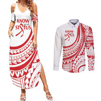 Know Your Status Red Ribbon Personalised Couples Matching Summer Maxi Dress and Long Sleeve Button Shirt Polynesian AIDS Awareness