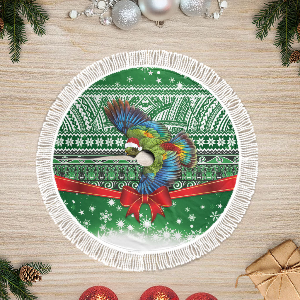 New Zealand Kea Bird Christmas Tree Skirt Maori Inspired Knitted Patterns LT9 Fringed Green - Polynesian Pride