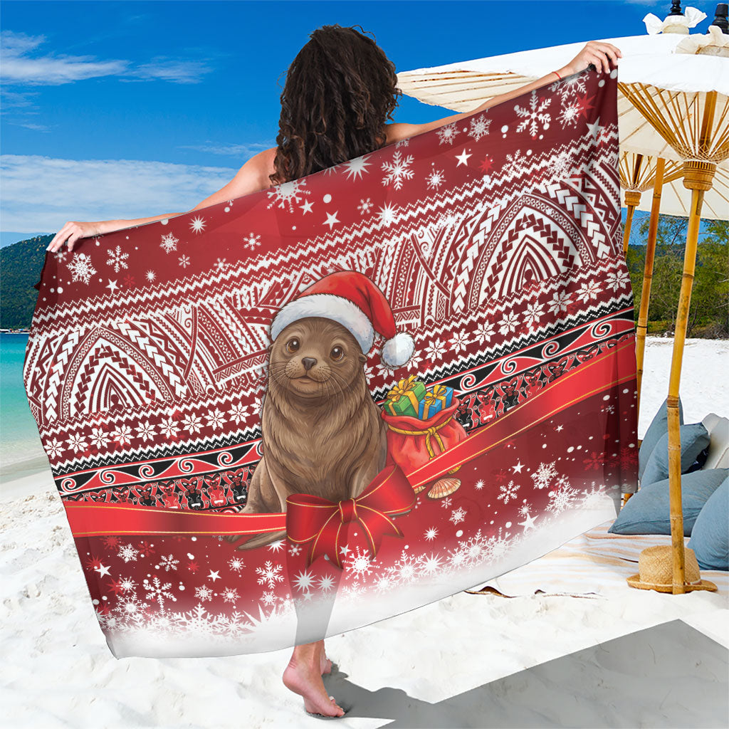 New Zealand Kekeno Seal Christmas Sarong Maori Inspired Knitted Patterns LT9 One Size 44 x 66 inches Red - Polynesian Pride