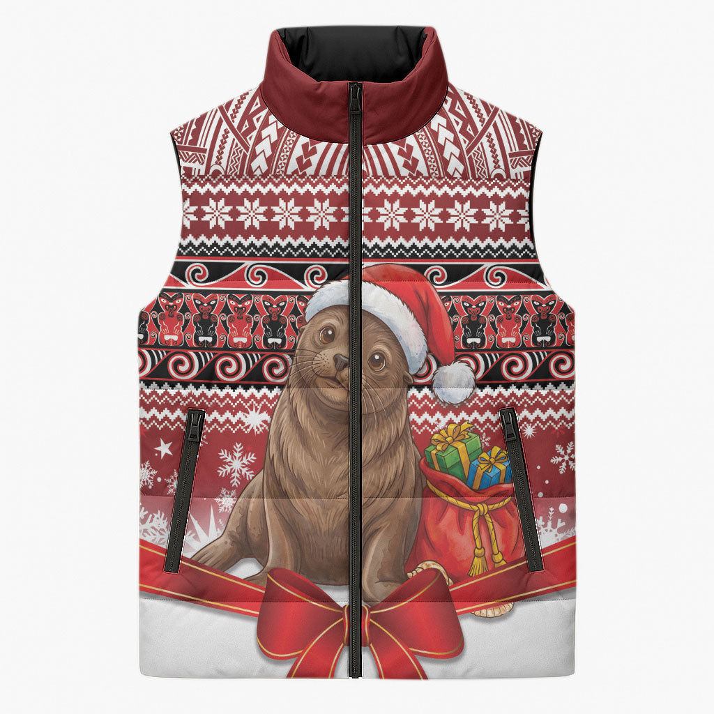 New Zealand Kekeno Seal Christmas Sleeveless Puffer Jacket Maori Inspired Knitted Patterns LT9 Unisex Red - Polynesian Pride