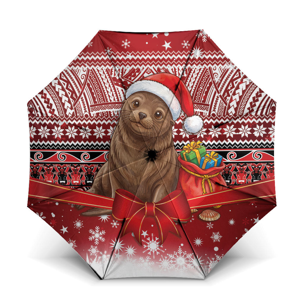 New Zealand Kekeno Seal Christmas Umbrella Maori Inspired Knitted Patterns LT9 One Size Folded 11.42 inch Opened Diameter 37.4 inch Red - Polynesian Pride