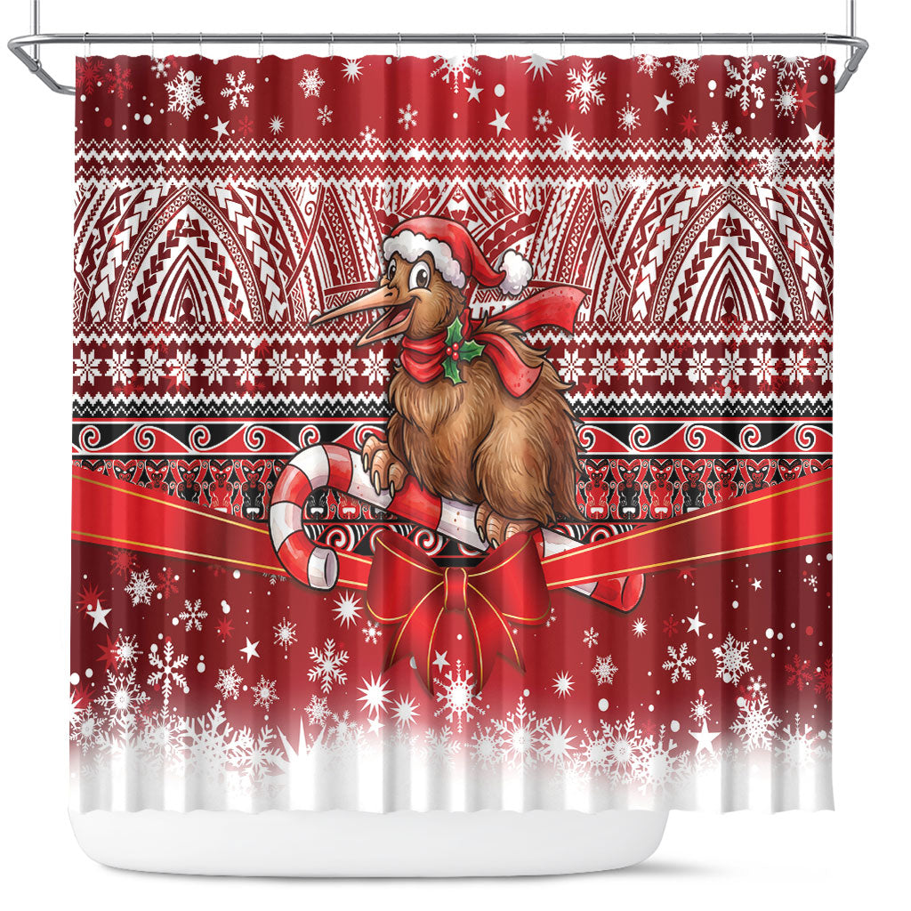 New Zealand Kiwi Bird Christmas Shower Curtain Maori Inspired Knitted Patterns LT9 Red - Polynesian Pride