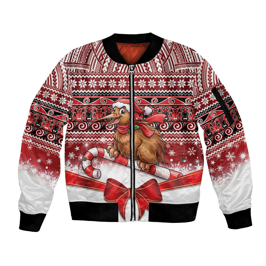 New Zealand Kiwi Bird Christmas Sleeve Zip Bomber Jacket Maori Inspired Knitted Patterns LT9 Unisex Red - Polynesian Pride