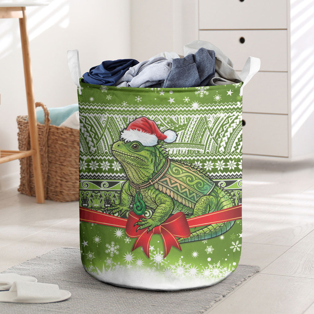 New Zealand Tuatara Christmas Laundry Basket Maori Inspired Knitted Patterns LT9 Green - Polynesian Pride