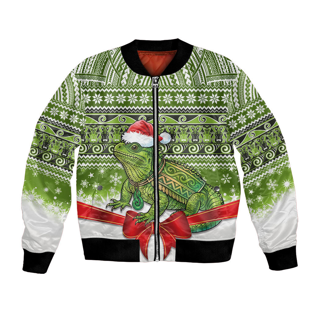 New Zealand Tuatara Christmas Bomber Jacket Maori Inspired Knitted Patterns LT9 Unisex Green - Polynesian Pride