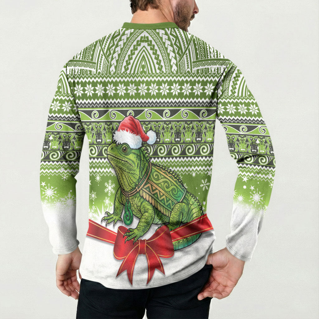 New Zealand Tuatara Christmas Button Sweatshirt Maori Inspired Knitted Patterns LT9 - Polynesian Pride