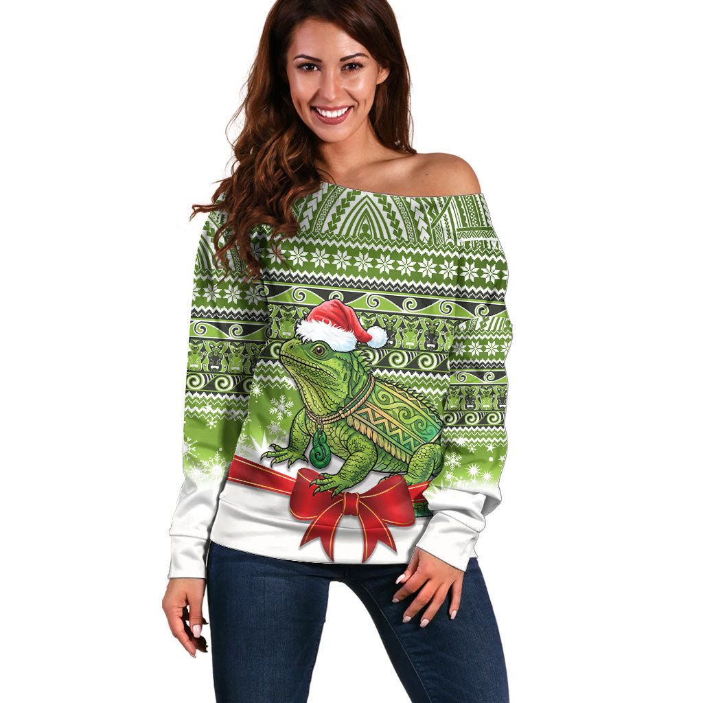 New Zealand Tuatara Christmas Off Shoulder Sweater Maori Inspired Knitted Patterns LT9 Women Green - Polynesian Pride