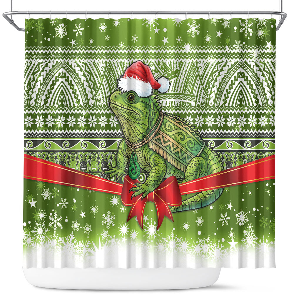 New Zealand Tuatara Christmas Shower Curtain Maori Inspired Knitted Patterns LT9 Green - Polynesian Pride
