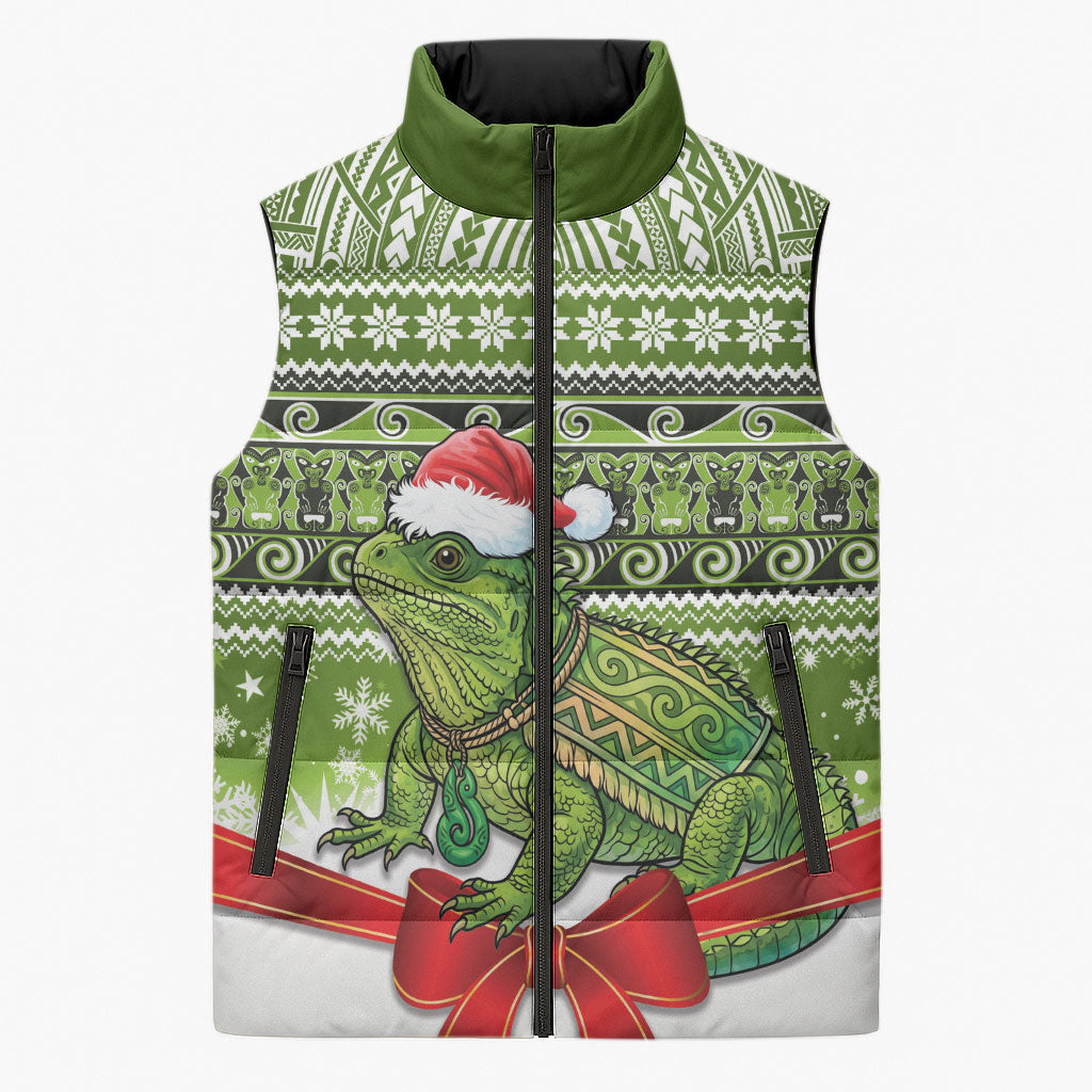 New Zealand Tuatara Christmas Sleeveless Puffer Jacket Maori Inspired Knitted Patterns LT9 Unisex Green - Polynesian Pride