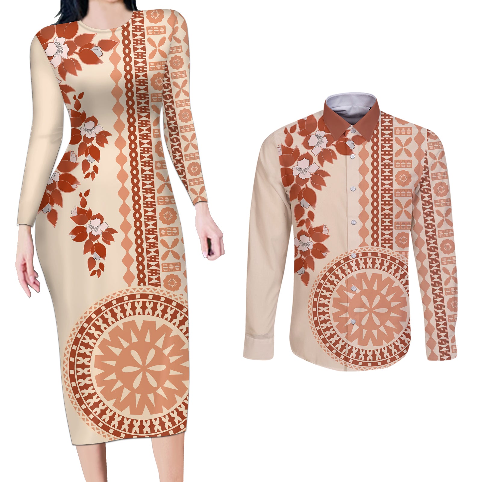 Fiji Tagimoucia Flower With Tapa Tribal Couples Matching Long Sleeve Bodycon Dress and Long Sleeve Button Shirt Beige Color LT9 Beige - Polynesian Pride