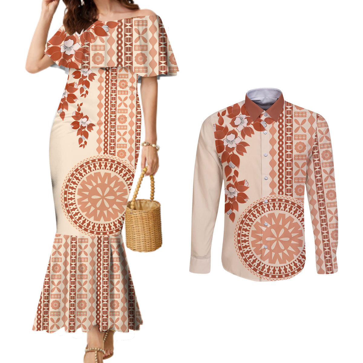 Fiji Tagimoucia Flower With Tapa Tribal Couples Matching Mermaid Dress and Long Sleeve Button Shirt Beige Color LT9 Beige - Polynesian Pride