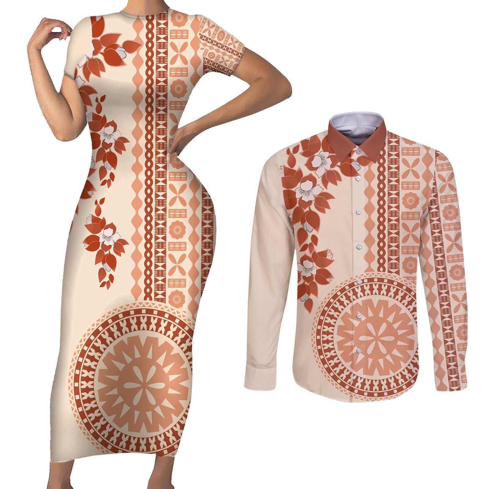 Fiji Tagimoucia Flower With Tapa Tribal Couples Matching Short Sleeve Bodycon Dress and Long Sleeve Button Shirt Beige Color LT9 Beige - Polynesian Pride