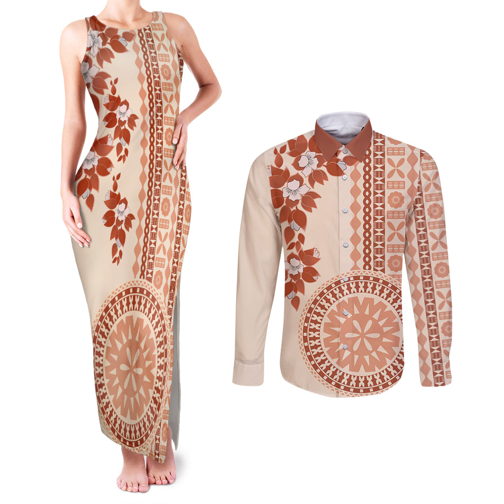 Fiji Tagimoucia Flower With Tapa Tribal Couples Matching Tank Maxi Dress and Long Sleeve Button Shirt Beige Color LT9 Beige - Polynesian Pride