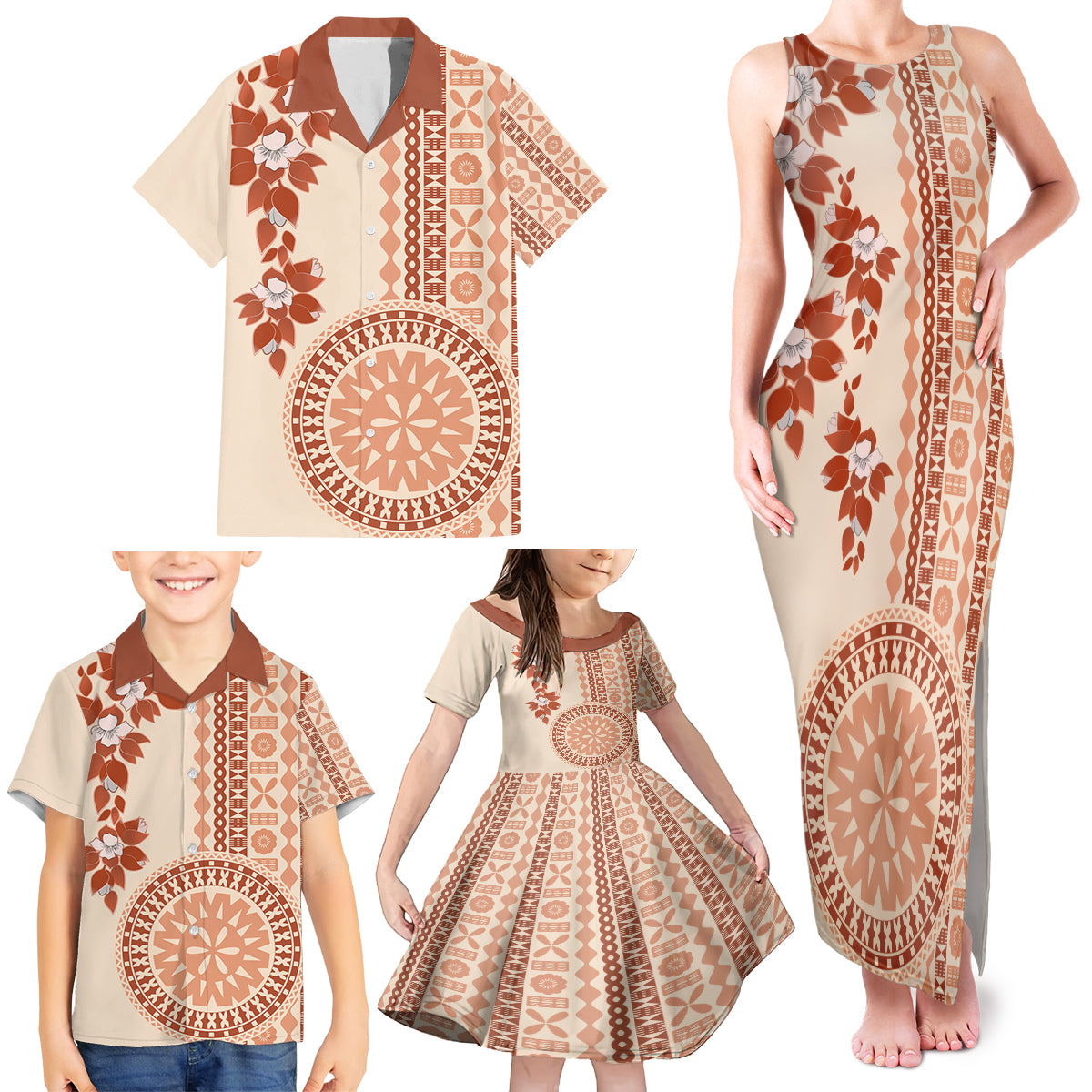 Fiji Tagimoucia Flower With Tapa Tribal Family Matching Tank Maxi Dress and Hawaiian Shirt Beige Color LT9 - Polynesian Pride