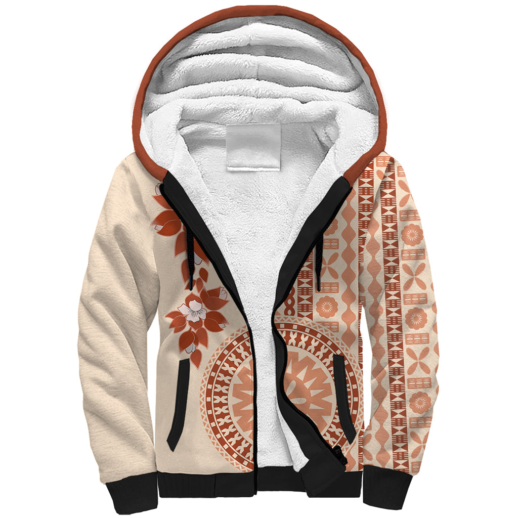 Fiji Tagimoucia Flower With Tapa Tribal Sherpa Hoodie Beige Color LT9 Unisex Beige - Polynesian Pride