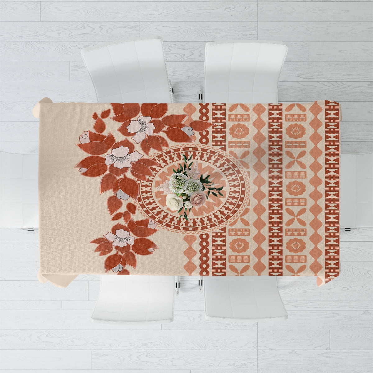 Fiji Tagimoucia Flower With Tapa Tribal Tablecloth Beige Color LT9 Beige - Polynesian Pride