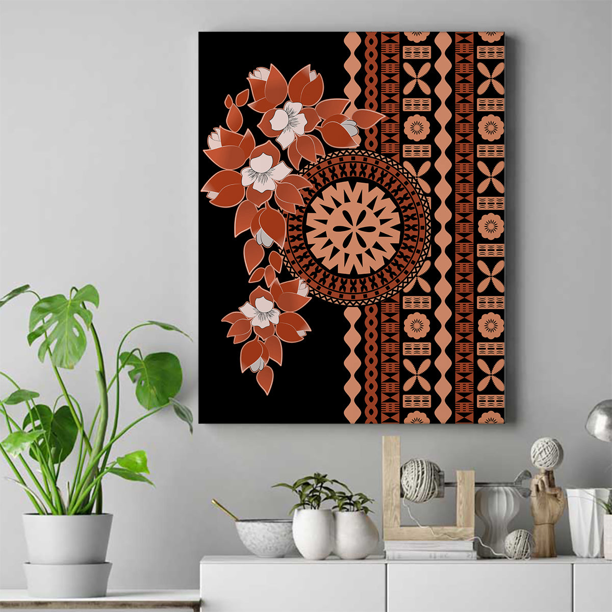 Fiji Tagimoucia Flower With Tapa Tribal Canvas Wall Art Brown Color LT9 Brown - Polynesian Pride