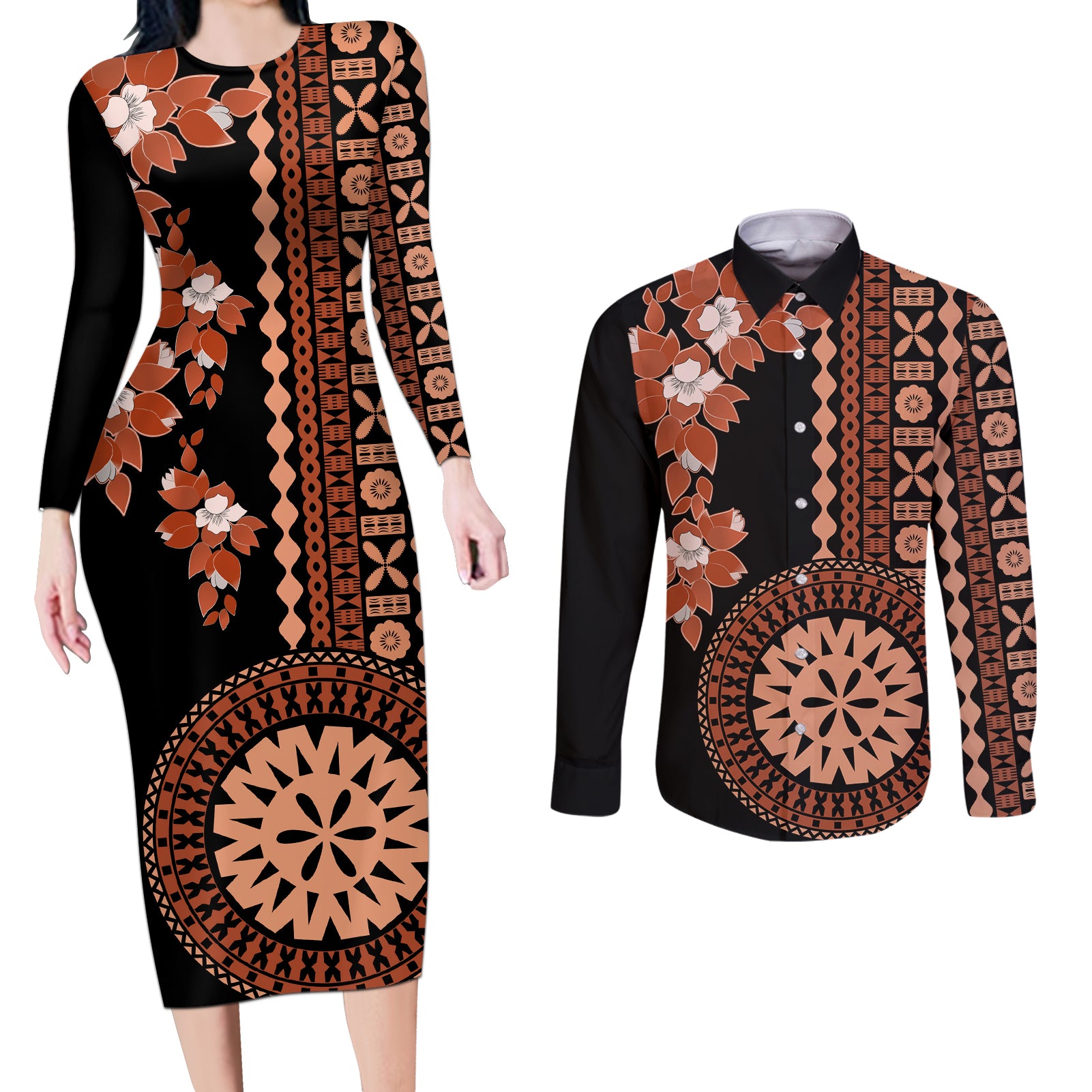 Fiji Tagimoucia Flower With Tapa Tribal Couples Matching Long Sleeve Bodycon Dress and Long Sleeve Button Shirt Brown Color LT9 Brown - Polynesian Pride