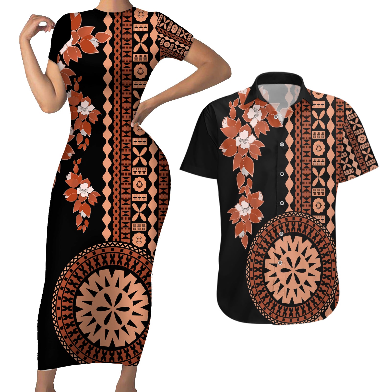 Fiji Tagimoucia Flower With Tapa Tribal Couples Matching Short Sleeve Bodycon Dress and Hawaiian Shirt Brown Color LT9 Brown - Polynesian Pride