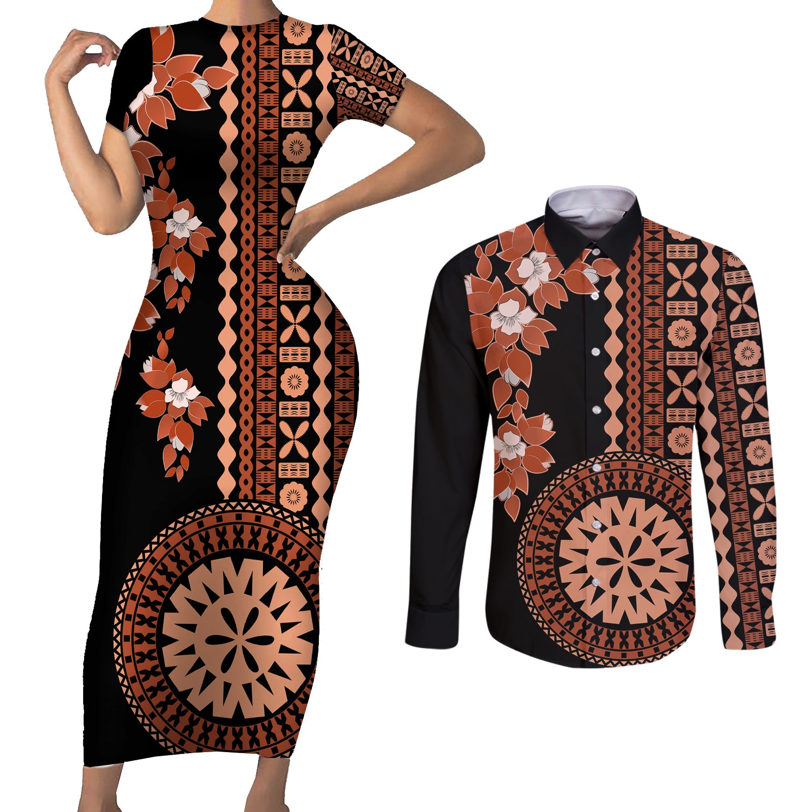 Fiji Tagimoucia Flower With Tapa Tribal Couples Matching Short Sleeve Bodycon Dress and Long Sleeve Button Shirt Brown Color LT9 Brown - Polynesian Pride