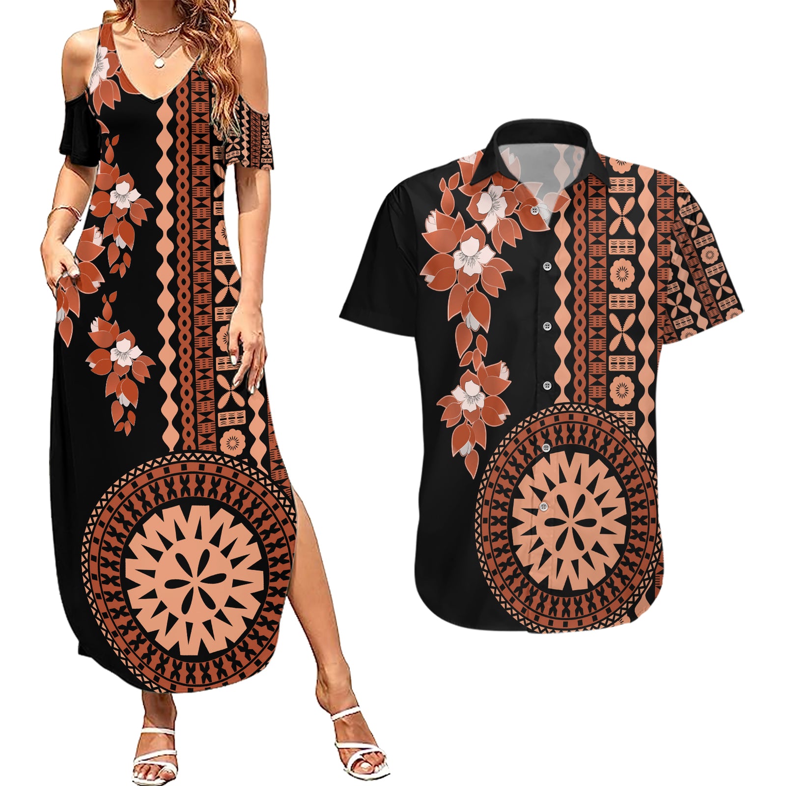 Fiji Tagimoucia Flower With Tapa Tribal Couples Matching Summer Maxi Dress and Hawaiian Shirt Brown Color LT9 Brown - Polynesian Pride