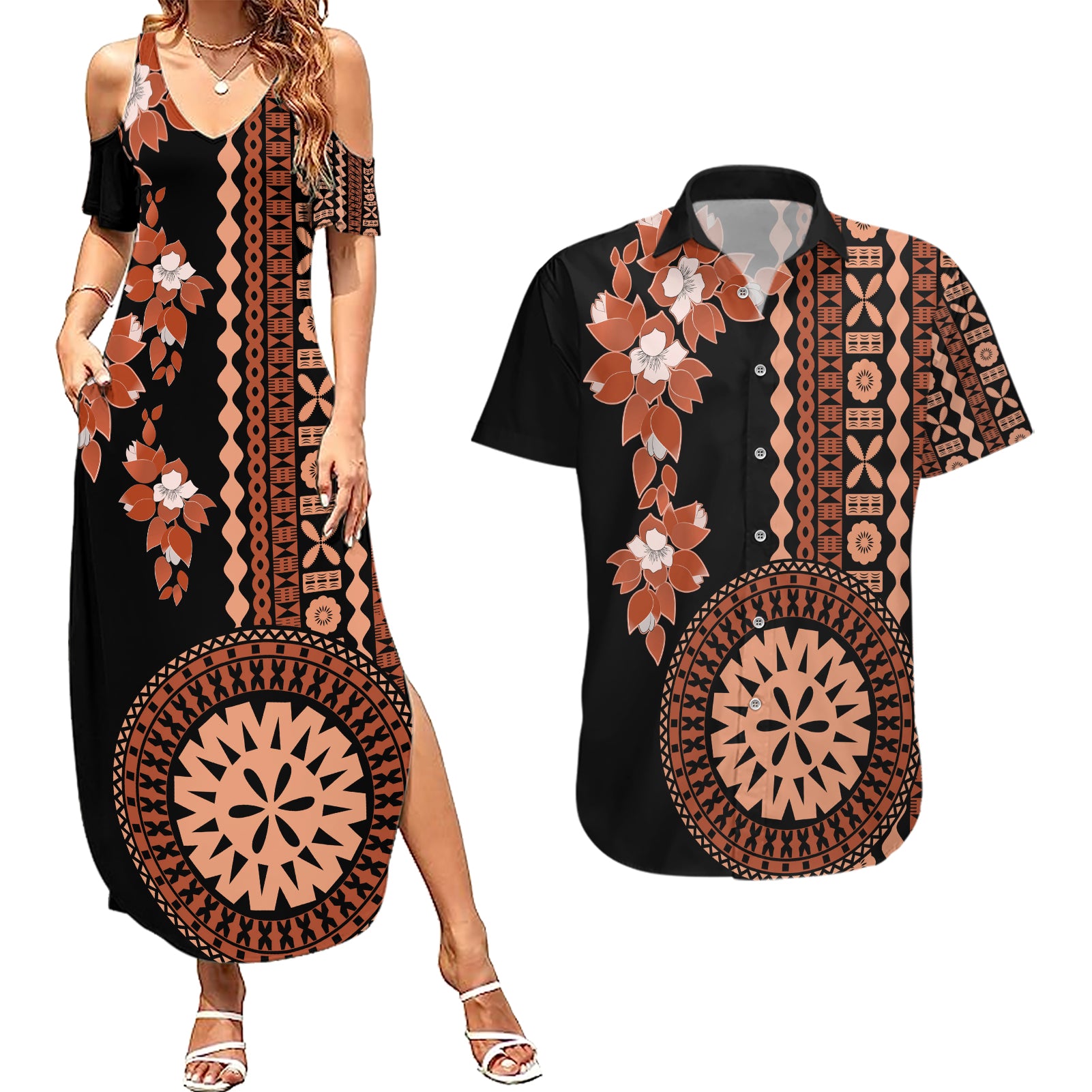 Fiji Tagimoucia Flower With Tapa Tribal Couples Matching Summer Maxi Dress and Hawaiian Shirt Brown Color LT9 Brown - Polynesian Pride