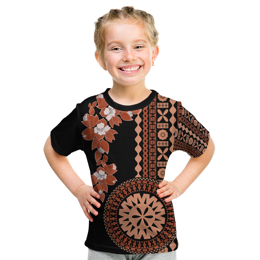 Fiji Tagimoucia Flower With Tapa Tribal Kid T Shirt Brown Color LT9 Brown - Polynesian Pride