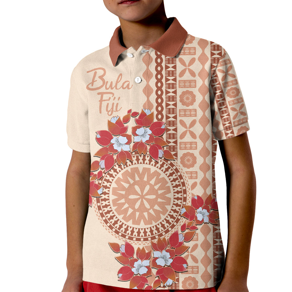 Bula Fiji Tagimoucia Flower Masi Tapa Tribal Kid Polo Shirt Beige Color LT9 Kid Beige - Polynesian Pride