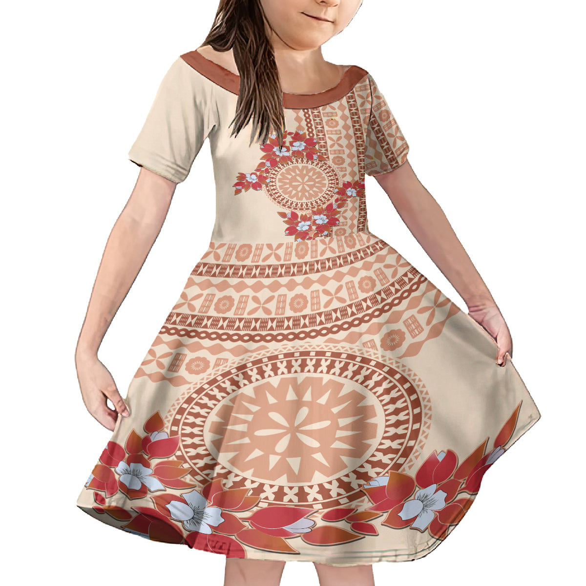 Bula Fiji Tagimoucia Flower Masi Tapa Tribal Kid Short Sleeve Dress Beige Color LT9 KID Beige - Polynesian Pride