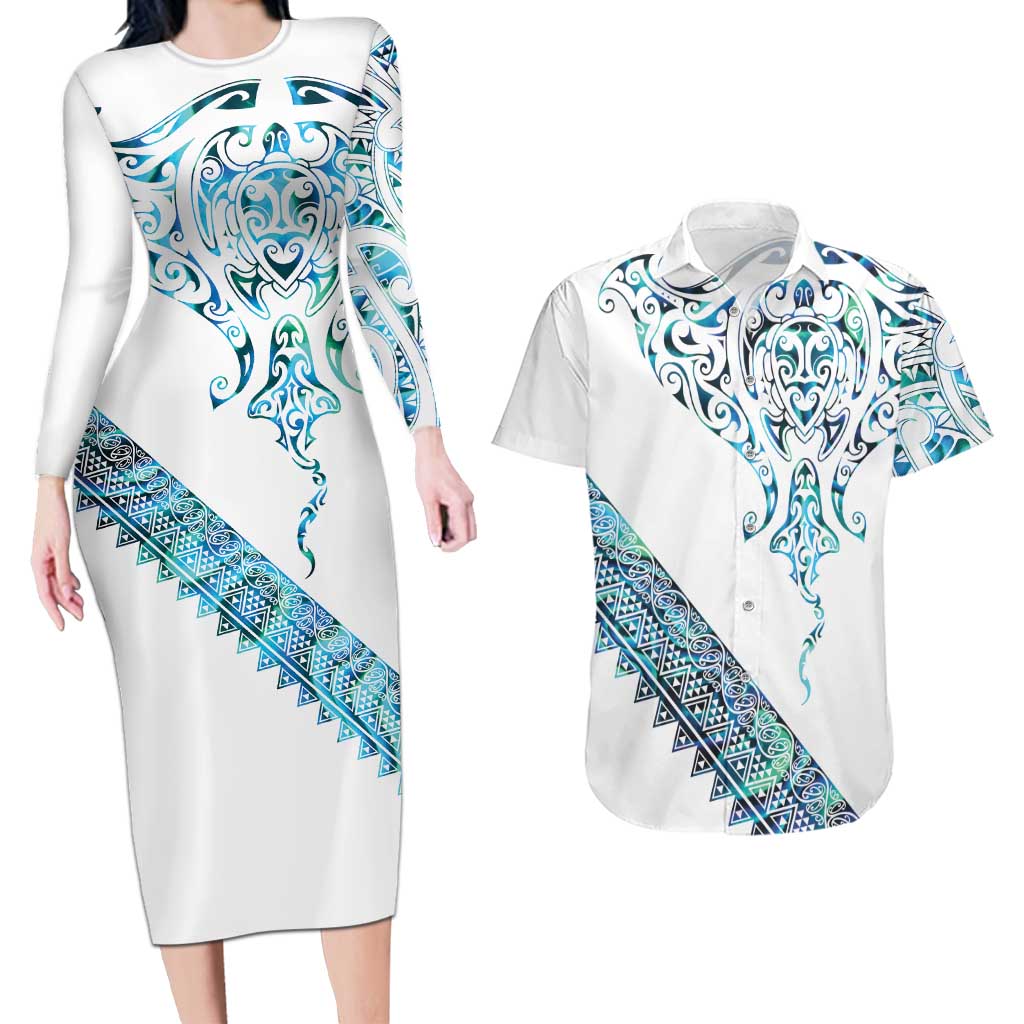 Kahui Whetu Paua shell Kowhaiwhai Taniko Personalised Couples Matching Long Sleeve Bodycon Dress and Hawaiian Shirt Manta Ray Shark-Turtle Maori Tribal Style