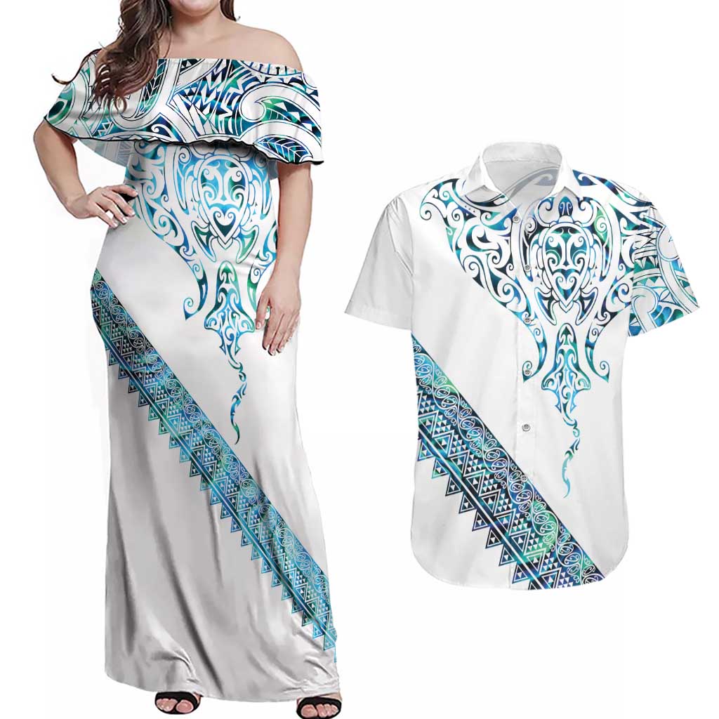 Kahui Whetu Paua shell Kowhaiwhai Taniko Personalised Couples Matching Off Shoulder Maxi Dress and Hawaiian Shirt Manta Ray Shark-Turtle Maori Tribal Style