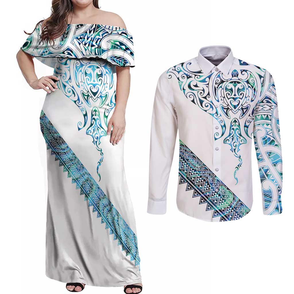 Kahui Whetu Paua shell Kowhaiwhai Taniko Personalised Couples Matching Off Shoulder Maxi Dress and Long Sleeve Button Shirt Manta Ray Shark-Turtle Maori Tribal Style