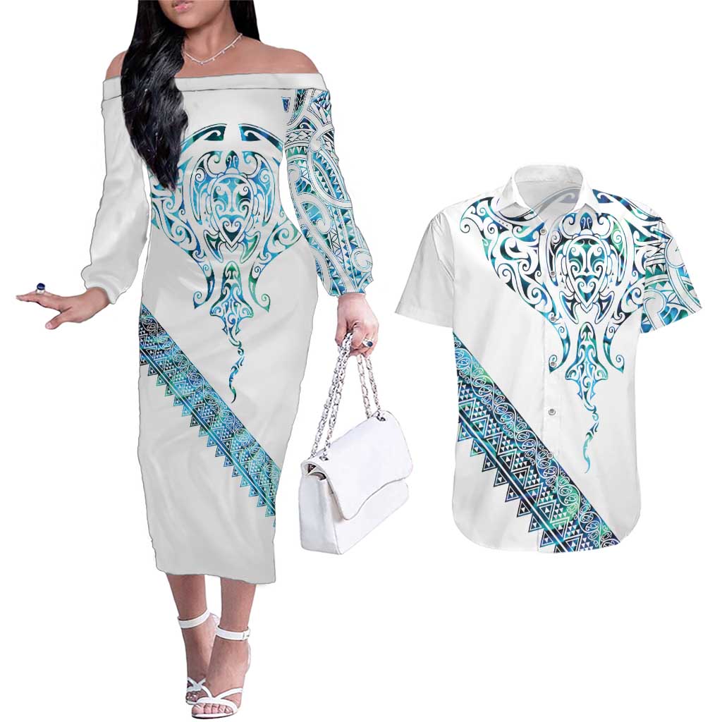 Kahui Whetu Paua shell Kowhaiwhai Taniko Personalised Couples Matching Off The Shoulder Long Sleeve Dress and Hawaiian Shirt Manta Ray Shark-Turtle Maori Tribal Style LT9 Blue - Polynesian Pride