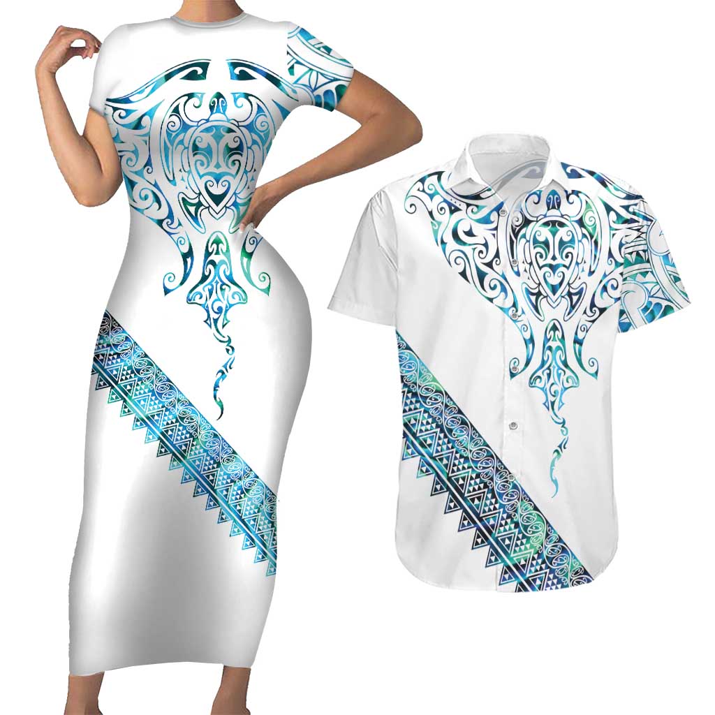 Kahui Whetu Paua shell Kowhaiwhai Taniko Personalised Couples Matching Short Sleeve Bodycon Dress and Hawaiian Shirt Manta Ray Shark-Turtle Maori Tribal Style LT9 Blue - Polynesian Pride