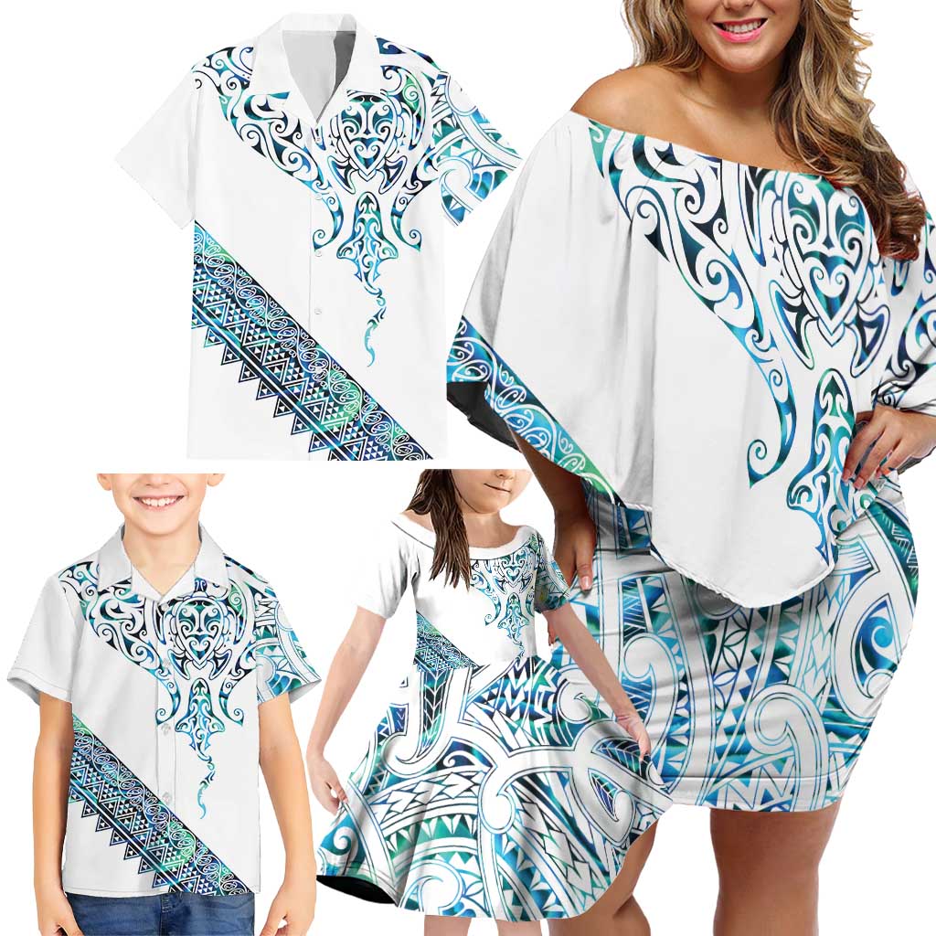 Kahui Whetu Paua shell Kowhaiwhai Taniko Personalised Family Matching Off Shoulder Short Dress and Hawaiian Shirt Manta Ray Shark-Turtle Maori Tribal Style LT9 - Polynesian Pride