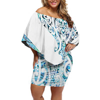 Kahui Whetu Paua shell Kowhaiwhai Taniko Personalised Family Matching Off Shoulder Short Dress and Hawaiian Shirt Manta Ray Shark-Turtle Maori Tribal Style LT9 Mom's Dress Blue - Polynesian Pride