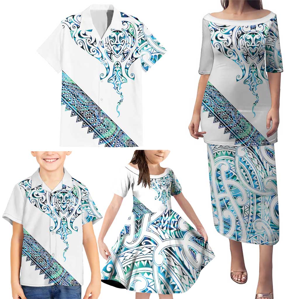 Kahui Whetu Paua shell Kowhaiwhai Taniko Personalised Family Matching Puletasi and Hawaiian Shirt Manta Ray Shark-Turtle Maori Tribal Style LT9 - Polynesian Pride