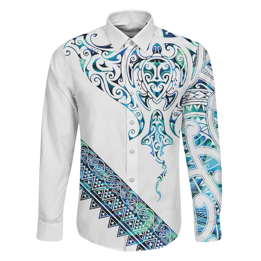 Kahui Whetu Paua shell Kowhaiwhai Taniko Personalised Family Matching Puletasi and Hawaiian Shirt Manta Ray Shark-Turtle Maori Tribal Style LT9 Dad's Shirt - Long Sleeve Blue - Polynesian Pride