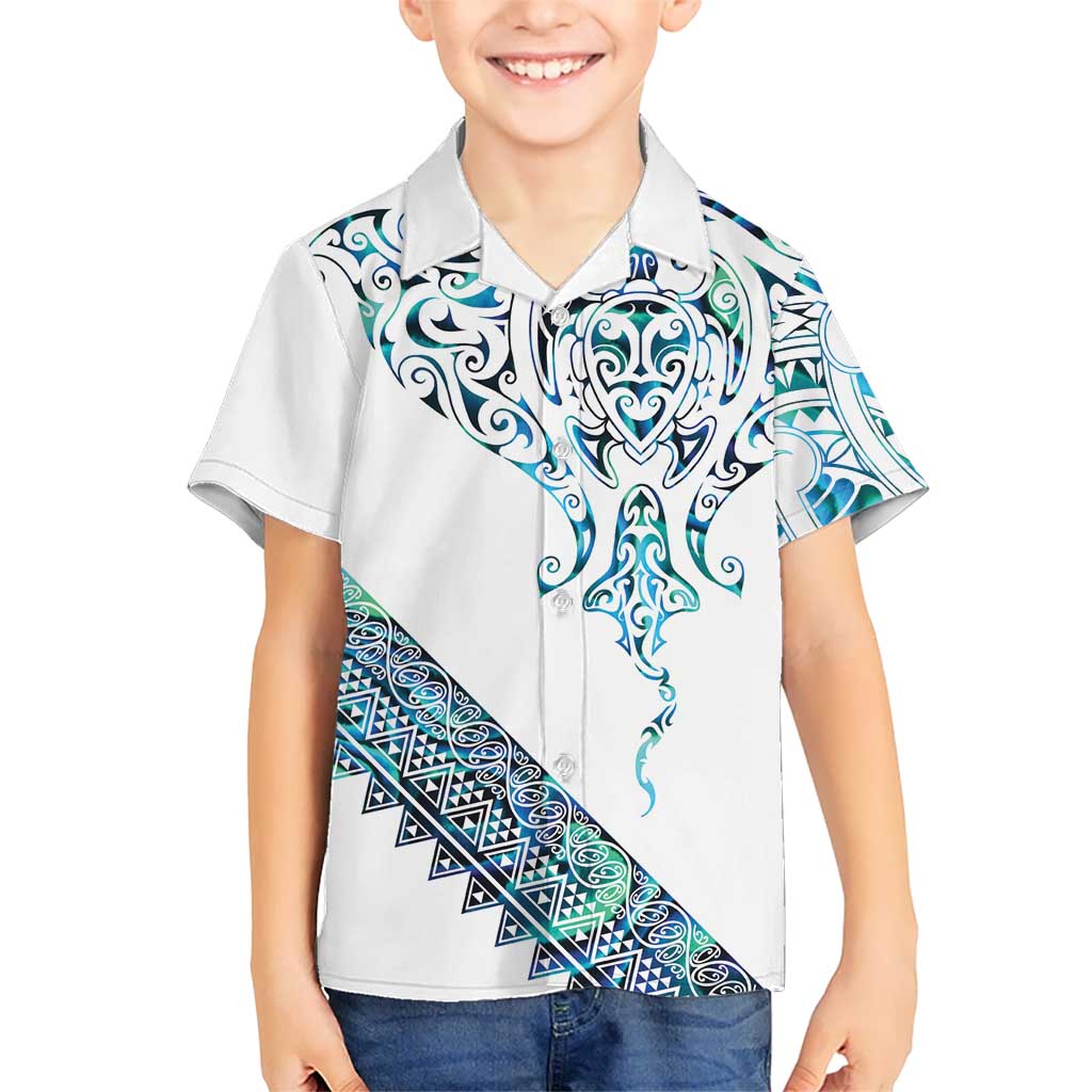 Kahui Whetu Paua shell Kowhaiwhai Taniko Personalised Family Matching Puletasi and Hawaiian Shirt Manta Ray Shark-Turtle Maori Tribal Style LT9 Son's Shirt Blue - Polynesian Pride