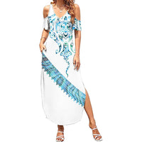Kahui Whetu Paua shell Kowhaiwhai Taniko Personalised Family Matching Summer Maxi Dress and Hawaiian Shirt Manta Ray Shark-Turtle Maori Tribal Style LT9 Mom's Dress Blue - Polynesian Pride