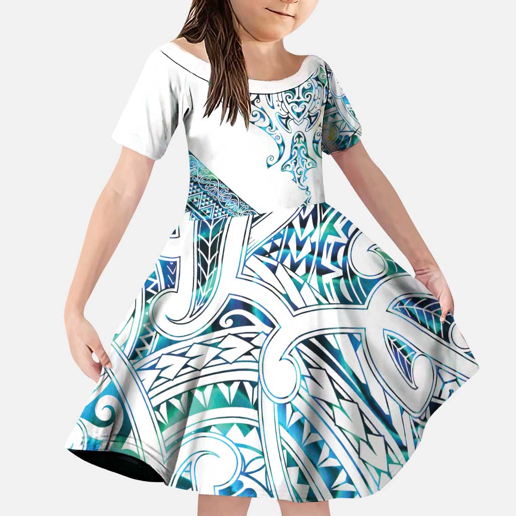 Kahui Whetu Paua shell Kowhaiwhai Taniko Personalised Family Matching Tank Maxi Dress and Hawaiian Shirt Manta Ray Shark-Turtle Maori Tribal Style LT9 Daughter's Dress Blue - Polynesian Pride