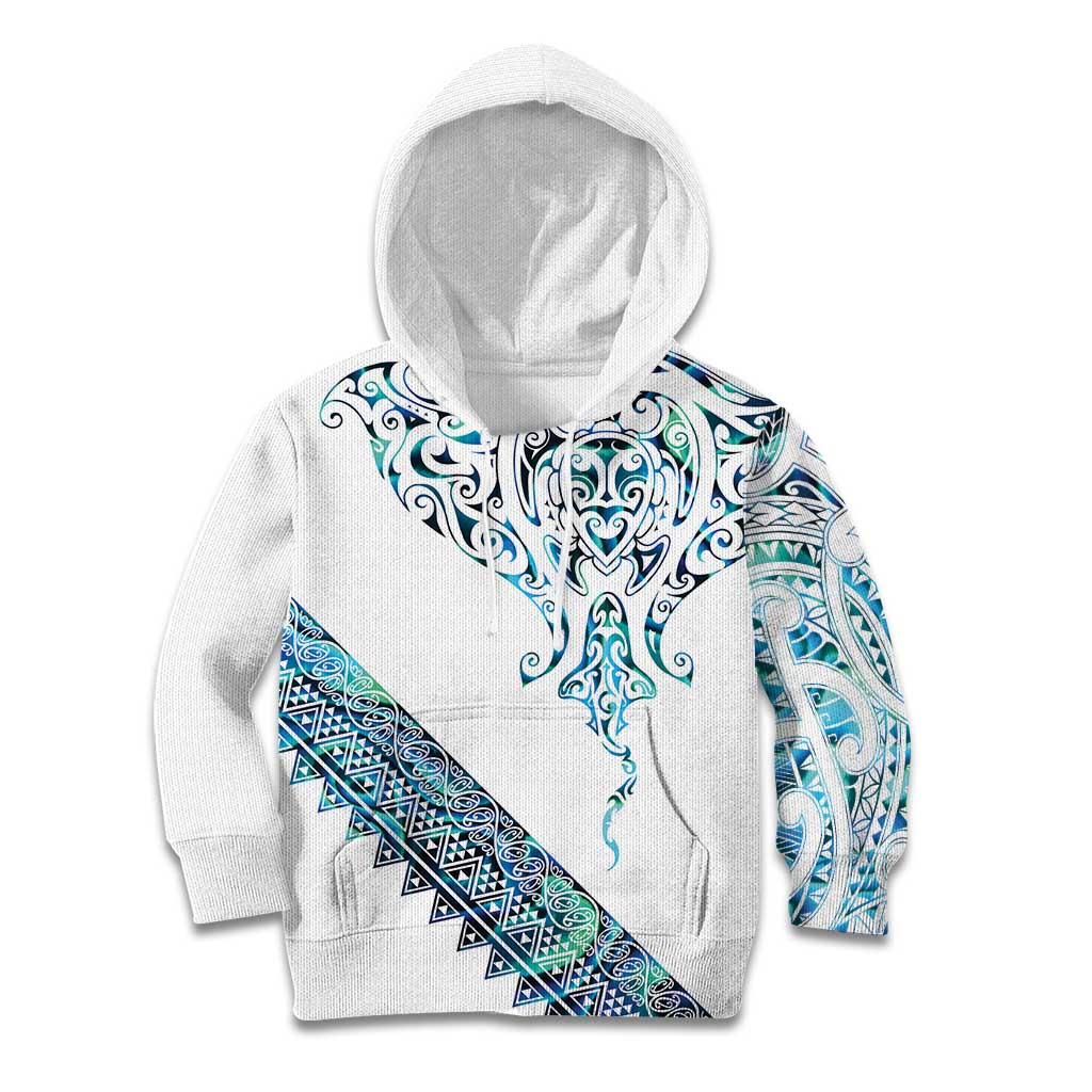 Kahui Whetu Paua shell Kowhaiwhai Taniko Personalised Kid Hoodie Manta Ray Shark-Turtle Maori Tribal Style LT9 Hoodie Blue - Polynesian Pride
